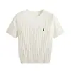 Top de Punto con Bordado de Pony y Trenzado de Manga Corta para Mujer Cuello Redondo Estilo Universitario Cableado Ajustado Base Top Jzz