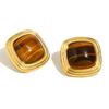 Pendientes de Acero Inoxidable con Baño de Oro de 18 Quilates, Diseño Cuadrado de Ojo de Tigre, Versátiles de Alta Gama, Estilo Retro Transfronterizo Europeo y Americano para Mujer