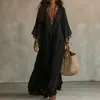 Site independente transfronteiriço europeu e americano 2026 vestido longo de renda com retalhos e mangas morcego para férias e moda praia