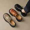 Sapatos Casuais Femininos Romanos Retro Franceses de Couro Genuíno com Plataforma, Cadarço, Salto Bloco Robusto, Camada Única, Usáveis em Todas as Estações, Confortáveis de Pele de Ovelha