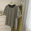 Camiseta de Manga Corta Cepillada Engrosada para Mujer, Corte Holgado, Adelgazante, Versátil, Suéter Básico de Primavera con Rayas Bloqueadas por Color
