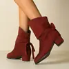 Botas de Tacón Alto Rojas Talla Grande hasta la Mitad de la Pantorrilla con Tacón Grueso Lazo Gamuza Slip-on Botas de Mujer Talla 42 Punta Redonda Zapatos de Comercio Exterior Transfronterizos