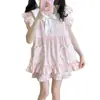 Pijama rosa a cuadros estilo japonés, estilo princesa para mujer, conjunto de verano de manga corta y shorts con pequeñas mangas acampanadas, ropa de casa para chicas guapas