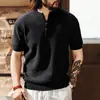 Nuevo top de punto retro americano estilo old money para hombre con cuello Henry, camiseta de manga corta informal holgada de moda para hombre de verano