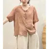 Camisa de Algodón y Lino con Botones Vintage de Cuello V para Mujer Wzxsk, Rebaja Especial de Verano, Suelta, Casual, Pulóver, Manga Corta