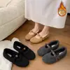 2025 Novo Sapato Feminino de Algodão Mary Jane Retro Ballet com Bico Redondo Laço Forrado de Lã Quente Sapato Peludo de Boca Rasa