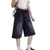 Pantalones Capri de mezclilla negros y grises retro americanos para mujer, Verano Nuevo Cintura alta Petite Rectos Pierna ancha