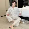 Pijama de Seda Helada para Hombre 2025 Primavera y Otoño Delgado Manga Larga Traje Cardigan Pantalones Ropa de Casa de Seda Verano Estilo Coreano