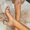 Sandalias de Tacón Grueso con Correa Fina de Diamantes Completos Color Dorado Champagne 2026 para Mujer, Sandalias de Tacón Grueso Brillantes con Correa de Tobillo de Pedrería para Vestido de Fiesta