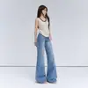 Jeans juveniles acampanados de tiro bajo con estampado de bambú en color naranja para mujer, corte holgado, adelgazantes, con caída, casuales, versátiles, pantalones de largo hasta el suelo