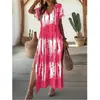 Novo Vestido Longo Tie-dye de Manga Curta com Decote em V 2026 Moda Casual Transfronteiriça Europeia e Americana
