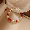 Pulseira de Pérola de Água Doce Oval e Ágata Vermelha, Pulseira da Moda de Jade e Pedra Verde Água Clara, Joia de Mão Elegante
