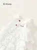 Vestido de Verão Bangxuan para Crianças com Gola Boneca, Sem Mangas, Bordado de Bolo, Vestido Infantil
