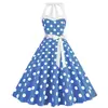 Vestido de Verano Rosa Serie C Barbie para Mujer Estilo Vintage de los Años 50 Hepburn Cuello Halter Estampado Cintura de Corbata Falda Amplia