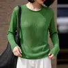 Blusa de tricô elegante estilo francês, sem costura, de manga longa para mulheres, gola redonda, minimalista, suave, modeladora, levemente transparente, blusa base fina