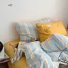 Conjunto de quatro peças de algodão waffle listrado ins 100% algodão capa de edredom simples, lençol com elástico, lençol de cama conjunto de cama de três peças