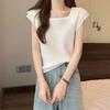 Suéter corto de manga de ala de seda helada para mujer, manga corta de verano, fino, versátil, adelgazante, cuello cuadrado, dulce, retro, top con volantes