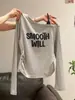Camiseta de manga longa cinza outono estilo coreano, um ombro só, ombro a ombro, acinturada, 2026, base, blusa falsa de duas peças para mulheres