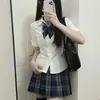 Uniforme JK Original de Verano Cintura Camisa Blanca Manga Corta Sexy Estilo Preppy para Mujer Traje de Falda Cuadros Corta Perro Otoño