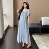 Ropa de Maternidad Verano Nuevo Estilo Vestido Largo de Lunares Franceses con Dobladillo Ancho y Diseño de Pintura al Óleo para Mujeres Embarazadas