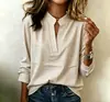 Directo de la fábrica de origen, exclusivamente para ventas transfronterizas: camisa de manga larga para mujer con cuello mao, corte simple y holgado, cuello en V, estilo pullover, estampado de lunares, adecuada para el trabajo y el uso diario