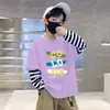 Camiseta Casual Divertida para Meninos Estilo Novo Primavera e Outono Estampa de Desenho Camisa Base Algodão Puro Respirável Manga Longa Camiseta Tendência