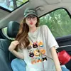 Camiseta súper de encaje jacquard semitransparente de manga corta para mujer, versión coreana con estampado de gatito de dibujos animados, top holgado y versátil de moda