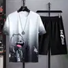 Terno Gradiente de Seda Gelada Masculino 2026 Novo Conjunto Esportivo para Estudantes Juventude Casual Manga Curta Shorts Conjunto de Duas Peças