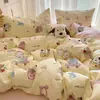 Set de Algodón de Cuatro Piezas Estilo Ins de Dibujos Animados Lindo 100% Algodón Funda de Edredón Sábanas Juego de Cama de Tres Piezas para Dormitorio Niños