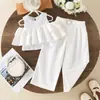 Conjunto de Verão Europeu e Americano Transfronteiriço para Meninas Top com Renda Lantejoulas Babados Calça Wide Leg Conjunto de Duas Peças Em Estoque Nova Chegada