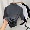Camiseta Básica de Cuello Medio para Mujer, Delgada, Nuevo Look Adelgazante 2025, Hombro Derecho, Manga Media, Cintura Fruncida, Top Interior