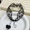 Colar Pingente Coração de Strass com Franja de Tecido para Meninas, Design de Nicho para Mulheres, Colar de Renda com Contas de Alta Qualidade