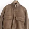 Aliexpress Más Vendido Chaqueta Bomber de Gamuza para Mujer Estilo Europeo y Americano para Motociclista Cuello Alto Abrigo Corto para Mujer