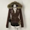 Sudadera con capucha y cremallera ajustada estilo 'Hot Girl' Chaqueta Venta al por mayor Otoño Nuevo Estilo Diseño de cuello de pelo Cárdigan Estampado Retro Marrón