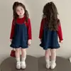 Conjunto Jeans para Meninas Vestido de Primavera 2026 Novo Estilo Vestido Princesa Estilo Coreano Moda Vestido com Suspensório para Bebê Menina Primavera e Outono