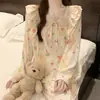 Estilo Chica Suave Pijama de Otoño Oso de Dibujos Animados Encaje Floral Cuello Cuadrado Manga Larga Pantalón Largo Conjunto Suave Casual para Casa