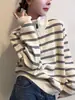 Nuevo suéter de punto a rayas con media cremallera para mujer, moderno, simple, bloques de color, cuello alto, manga larga, holgado, para commuting, top suéter