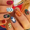 Uñas postizas de bloqueo de color retro con estrellas y lunares, manicura colorida larga en forma de almendra, uñas postizas únicas y extraíbles