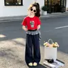 Conjunto Casual para Niñas 2026, Elegante Camiseta de Verano con Estampado Nuevo de Manga Corta y Falda Amplia Juego de Dos Piezas