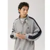 Sudadera casual retro estilo americano con retazos y cuello alto para hombre, chaqueta pullover holgada de cuello alto para otoño e invierno, top para estudiante y pareja