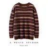Novo Estilo Outono e Inverno 35% Caxemira Pura Estilo Relaxado Contraste Retro Listrado Tricô de Manga Longa para Mulheres