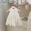 [Casa Rosa] Roupa Doce Estilo Coreano para Menina: Vestido Estilo Francês para Meninas, Vestido Regata Estiloso de Verão Sem Mangas com Laço
