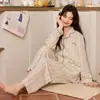 Algodón Puro Manga Larga Pantalón Largo Otoño Ropa de Dormir Cardigan con Solapa Gato Pequeño Lazo Todo Algodón Ropa para Casa Conjunto de Dos Piezas Se Puede Usar Afuera