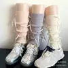 Conjunto de Piernas con Lazo Rosa Estilo Miu para Mujer Primavera y Otoño Calcetines de Punto Estilo Gris Calcetines Blancos Apilados en la Pantorrilla Estilo Ballet