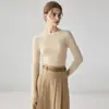 Suéter de cachemira con patrón de espina de pescado para otoño e invierno para mujer, cuello medio alto simple, corte ajustado, top de punto de lana suave y amigable con la piel