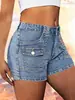 Shorts Jeans Stretch Estilo Europeu e Americano com Design de Bolso com Aba, Shorts Jeans de Cintura Média Justos para Mulheres, Disponível na Amazon e Temu