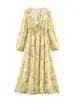 Vestido de chá floral estilo retrô francês com decote V, mangas bufantes tipo lanterna, cintura marcada e saia fluida, perfeito para e-commerce transfronteiriço