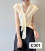Diseño Elegante y con Estilo Estilo Coreano con Chal, Suéter Tejido de Seda Helada con Cuello en V, Top de Verano con Mangas Cortas para Mujer