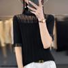 Camiseta de manga curta com costura de renda, feminina, lã penteada de verão, suéter fino e justo, com decote em V, base de meia manga