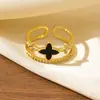 Anillo de Doble Capa con Diseño Nuevo de Goteo de Aceite y Diamantes Completos de Flor de Cuatro Hojas, Anillo Abierto Ajustable de Flor de Cuatro Hojas de la Suerte de Doble Anillo de Nicho para Mujeres